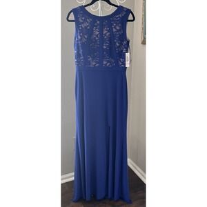 Morgan‎ & Co Lace Shimmery Cobalt Royal Blue Nude Formal/Prom Dress Slit 11/12 L